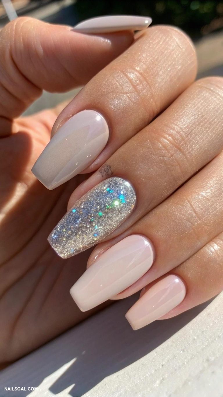 iridescent glitter nails Minimalist design with one glitter accent nail