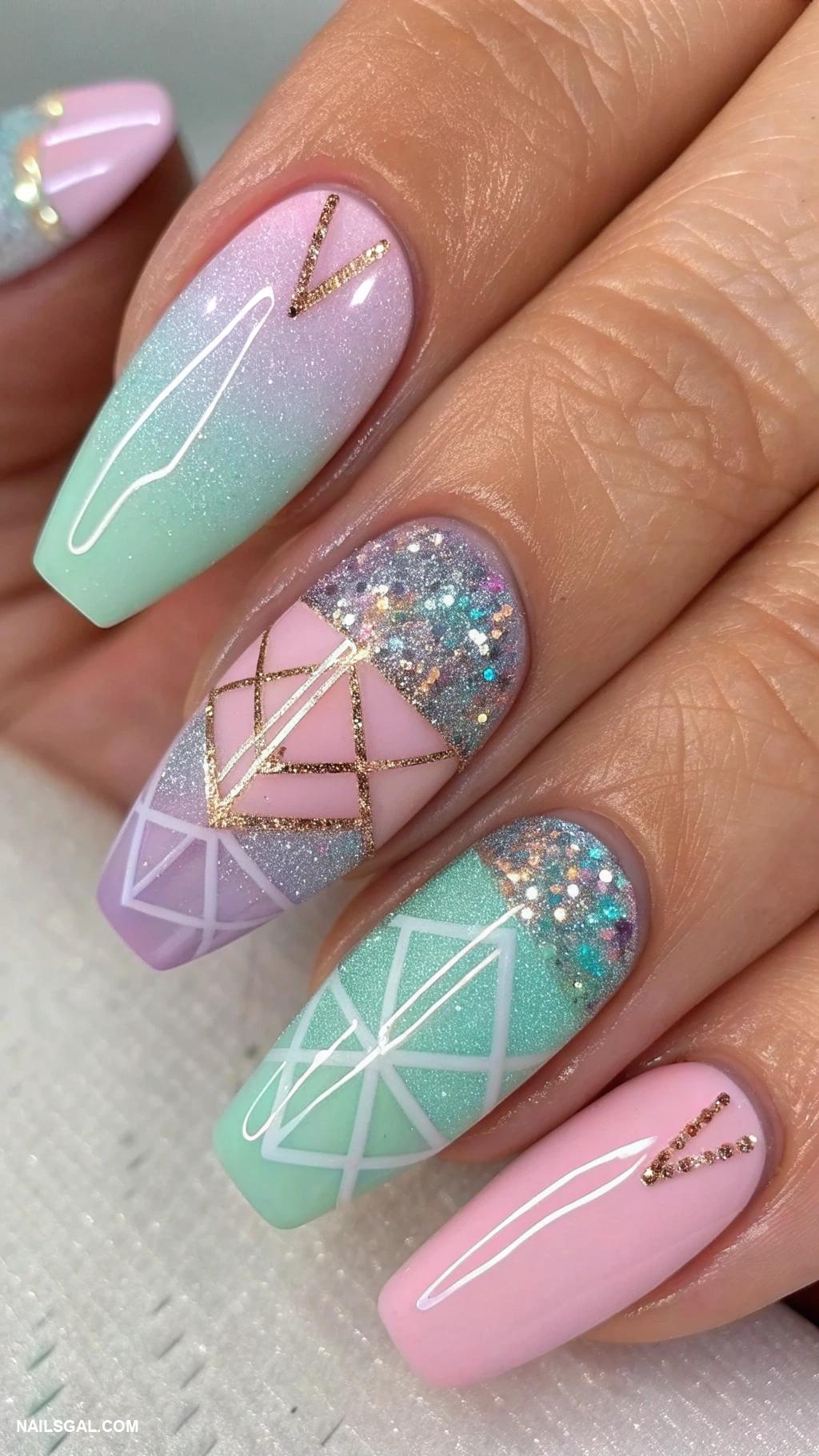 iridescent glitter nails Pastel colors topped with shimmering glitter
