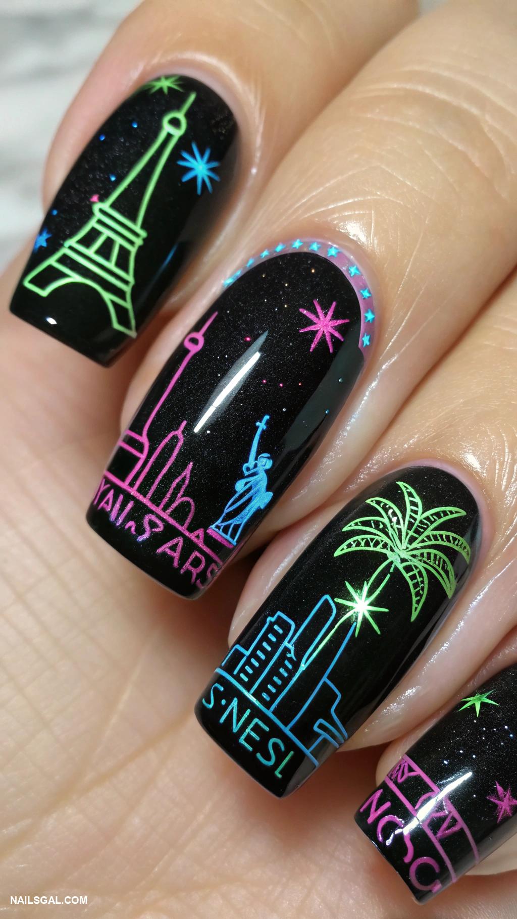 las vegas nail art Neon lights cityscape silhouette