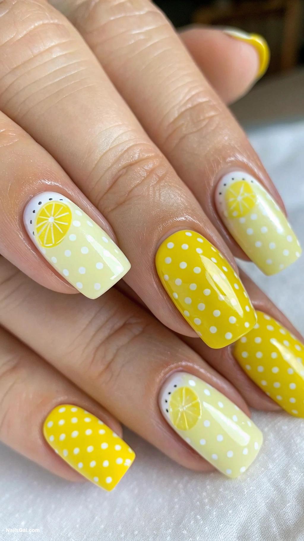 lemon nails Bright yellow with polka dot design