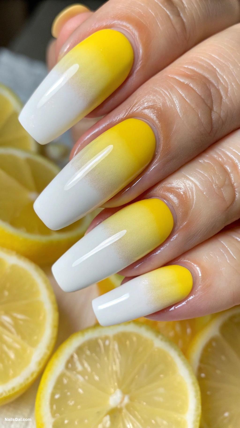 lemon nails Gradient yellow to white ombre effect