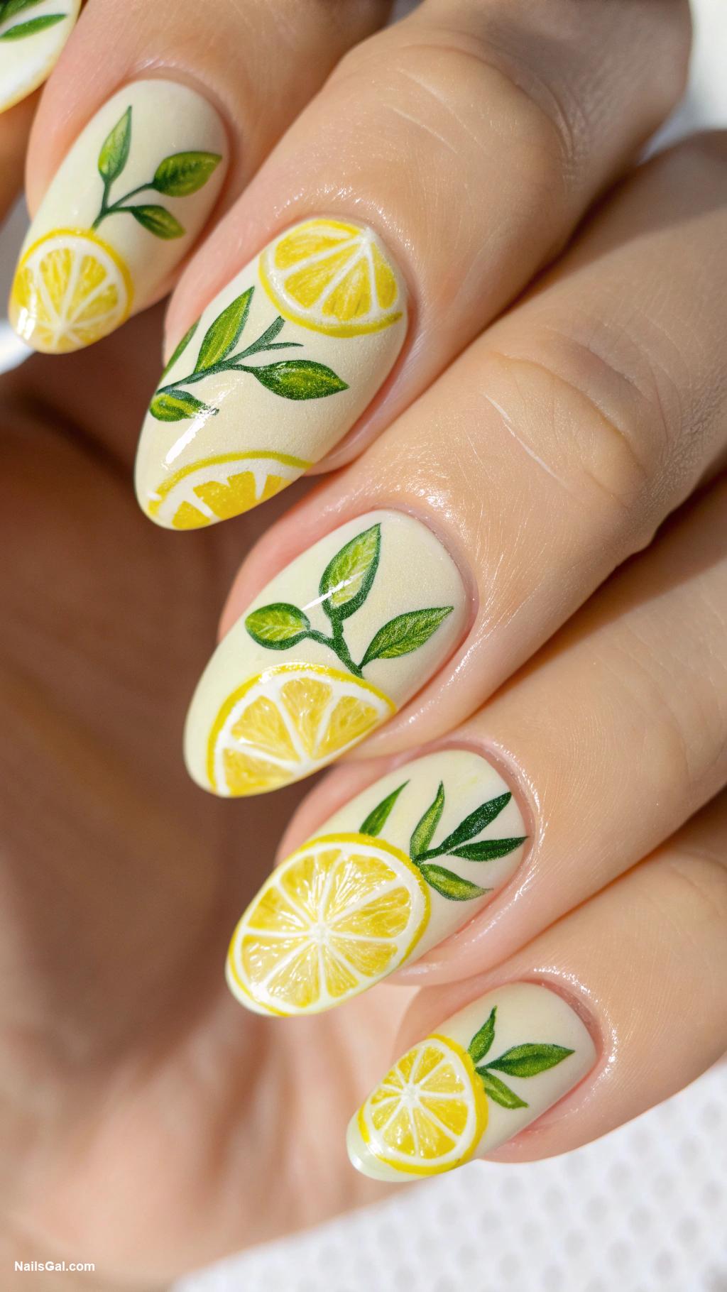 lemon nails Lemon slices with green leaves accent
