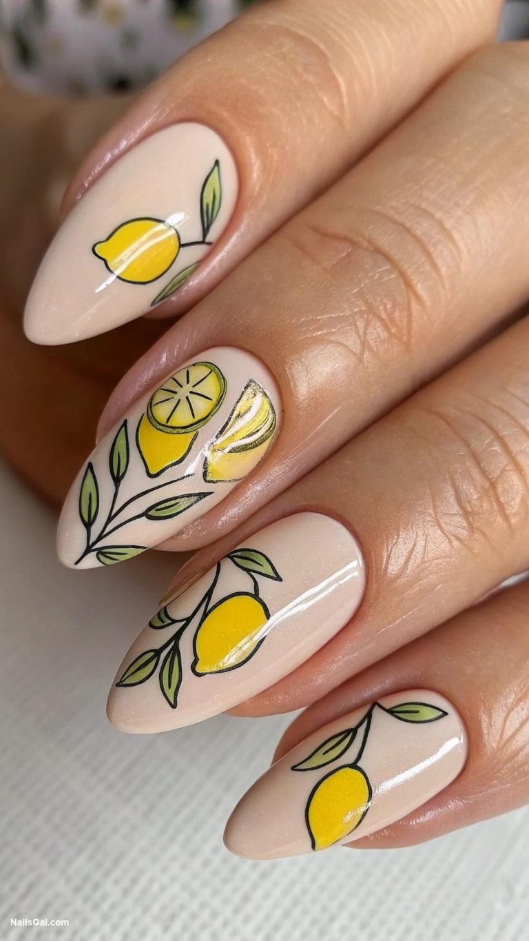 lemon nails Minimalist lemon outline on nude base