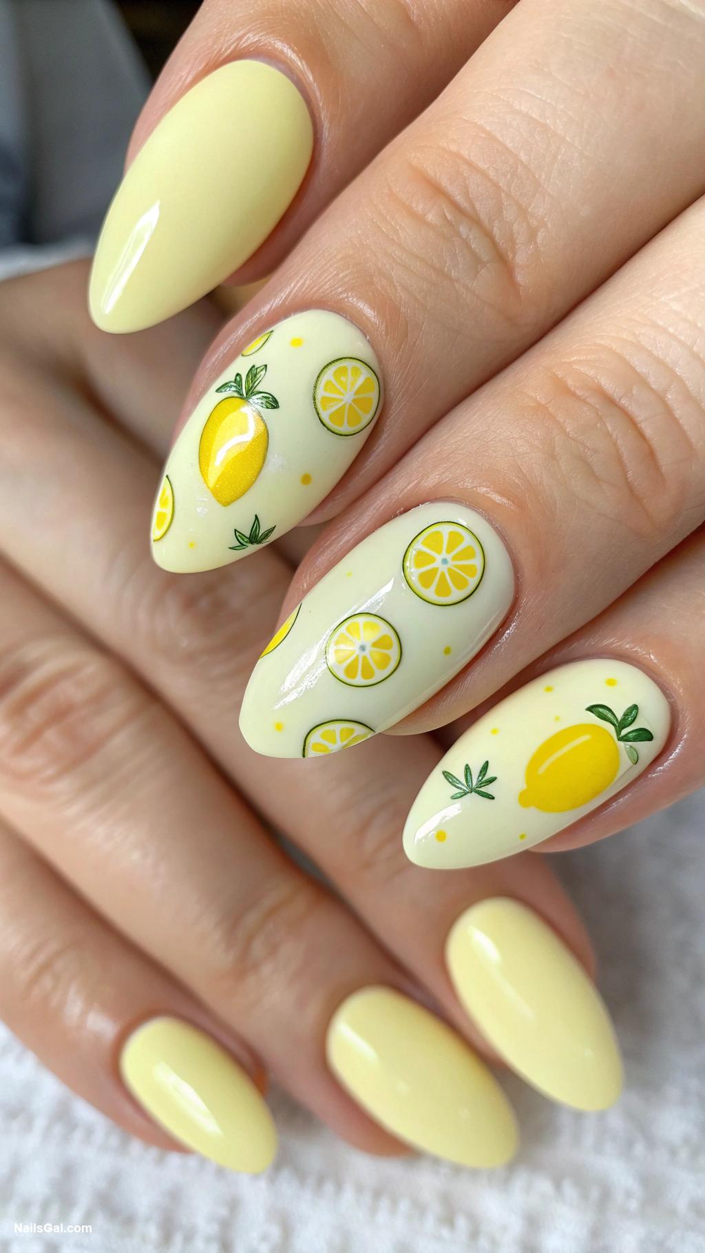 lemon nails Pastel yellow with shiny lemon decals