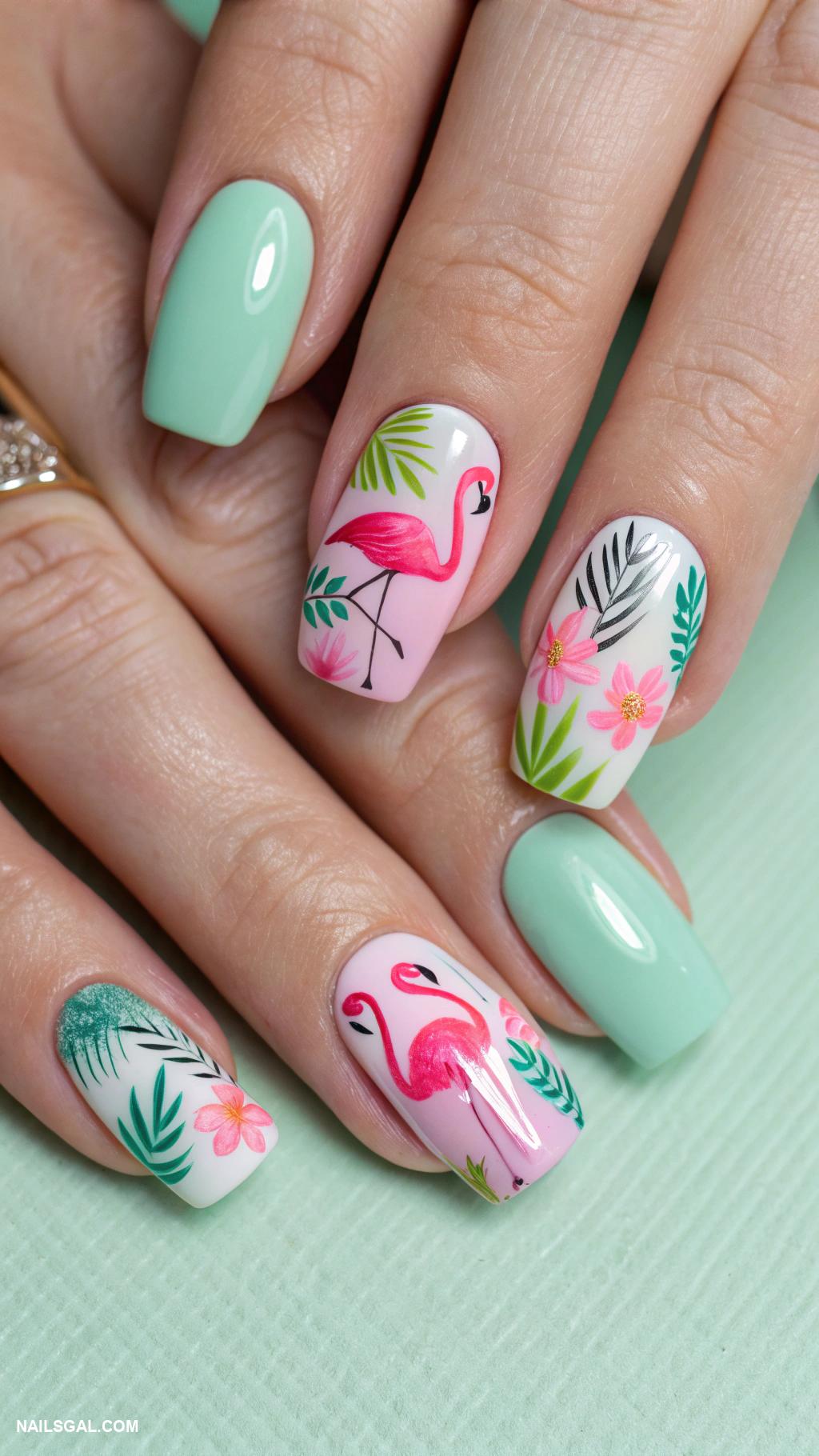 miami nails Bright flamingos on a mint background