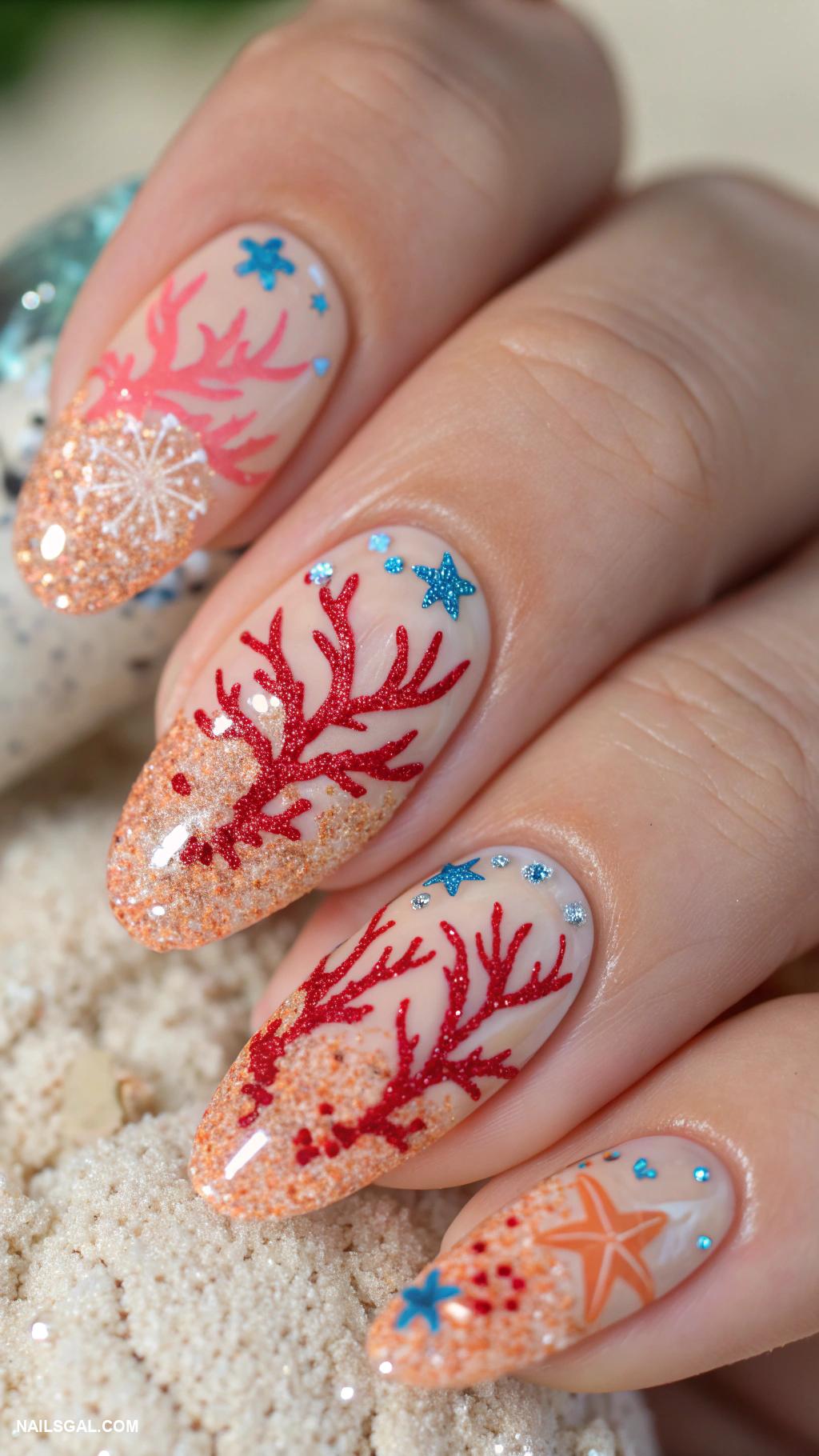 miami nails Coral reefs with glittering blue accents