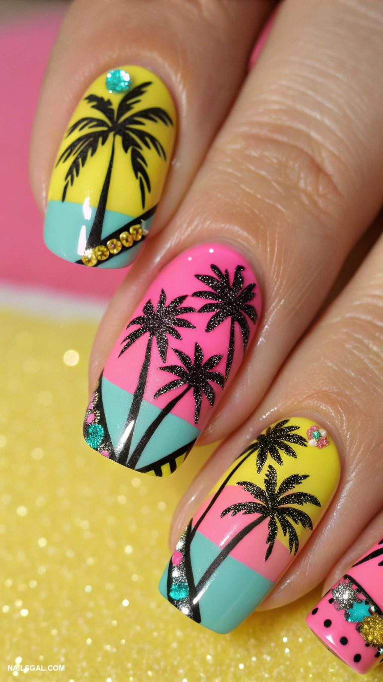 miami nails Retro palm tree design on bold colors