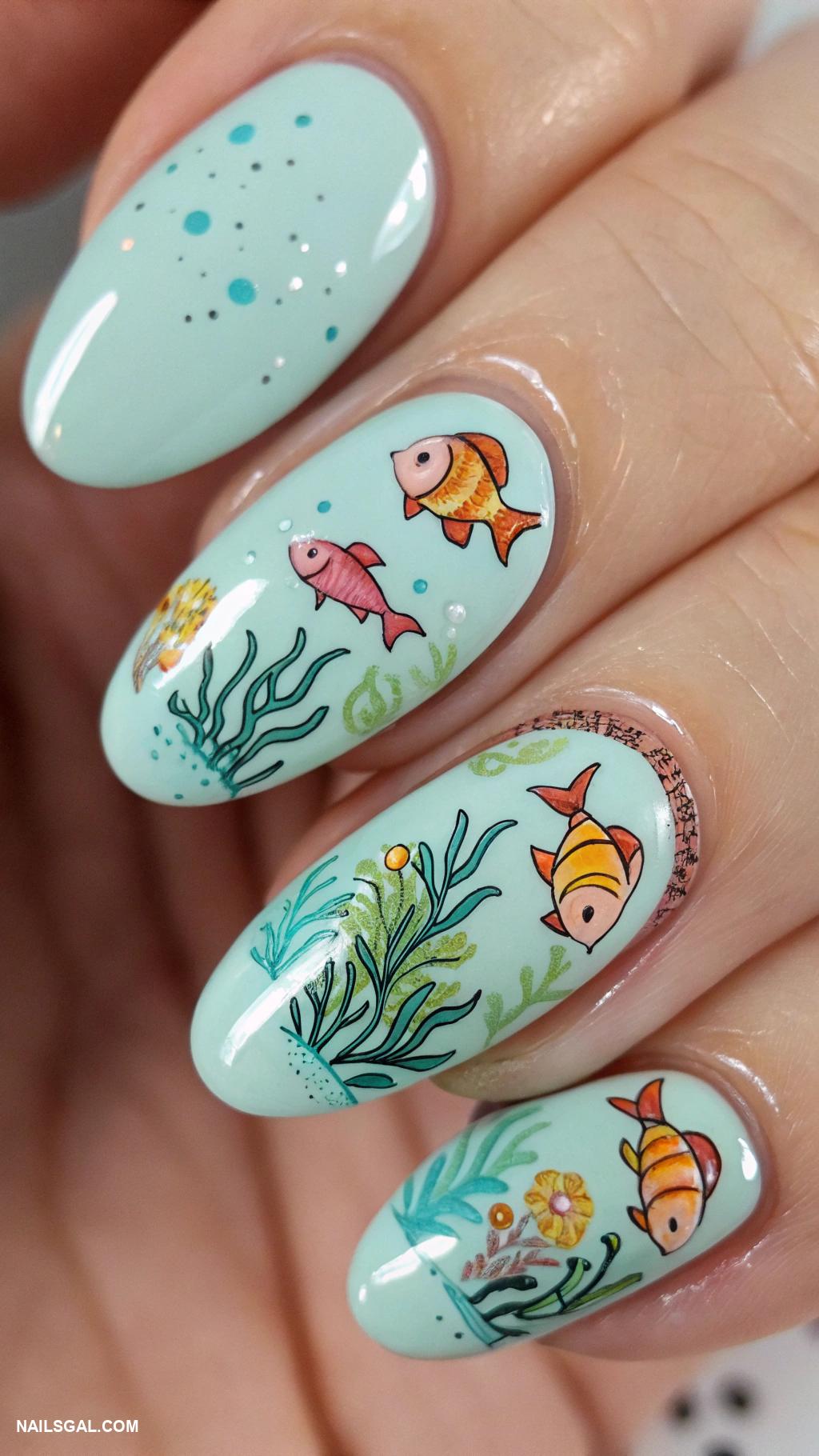 miami nails Underwater fish designs on soft aqua nails
