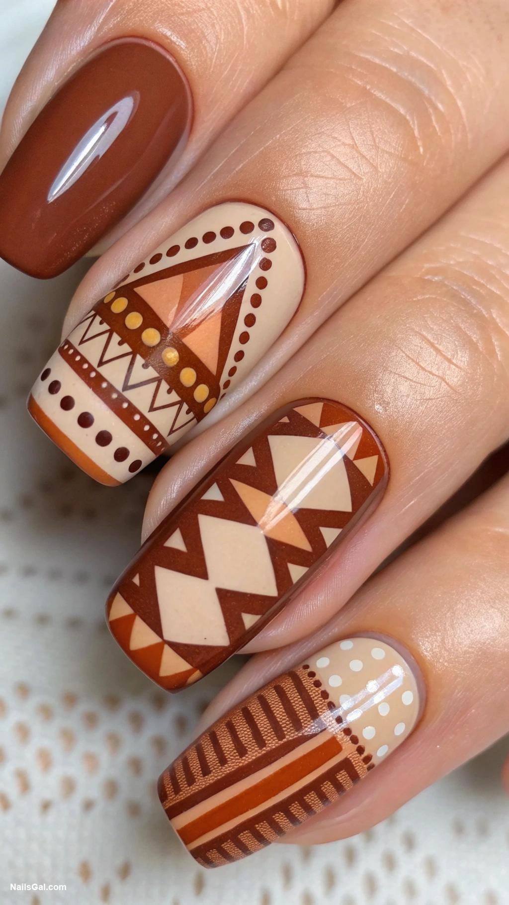 milky nails Geometric patterns in earthy tones