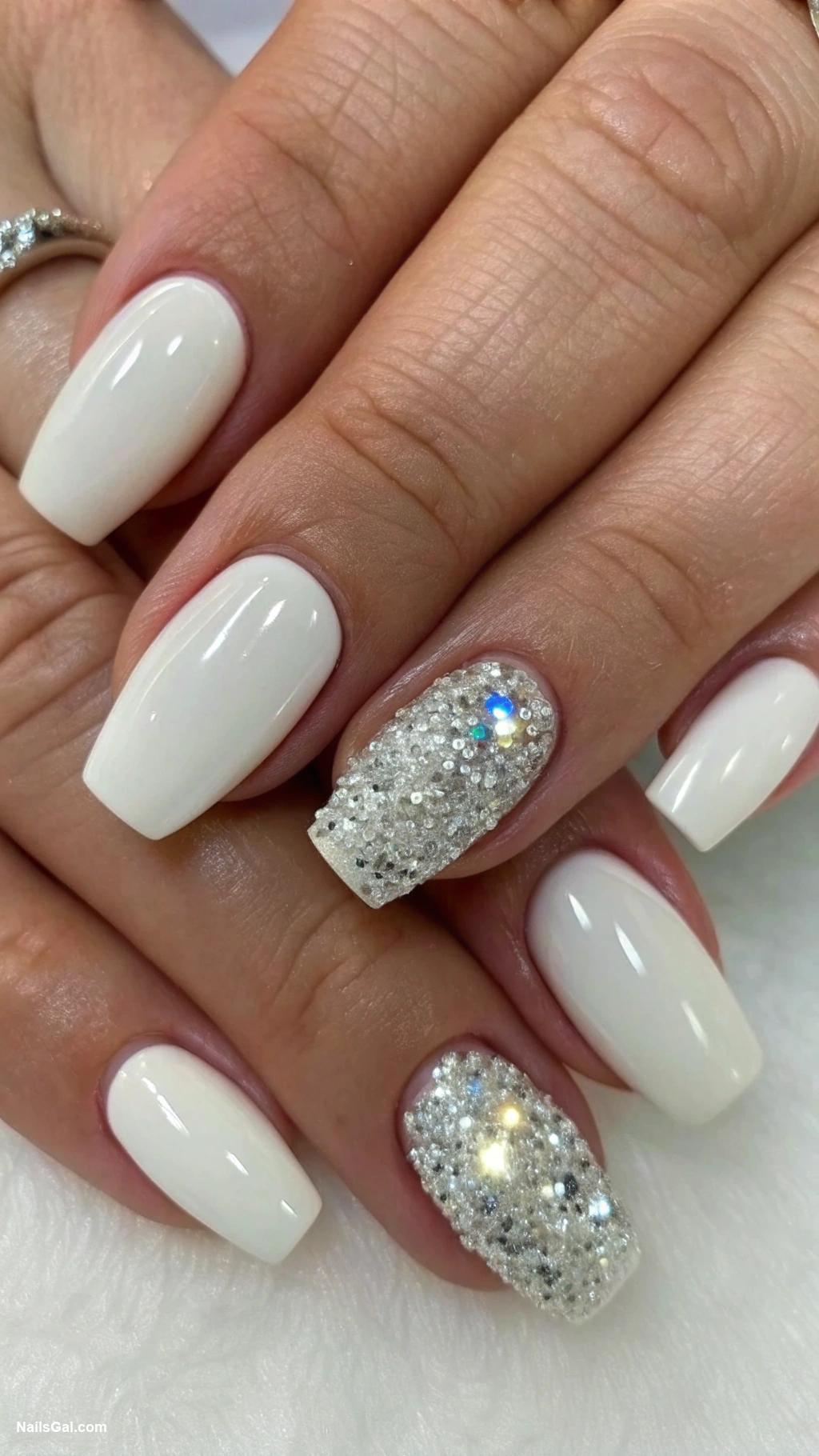 milky nails Glitter accent on ring fingers