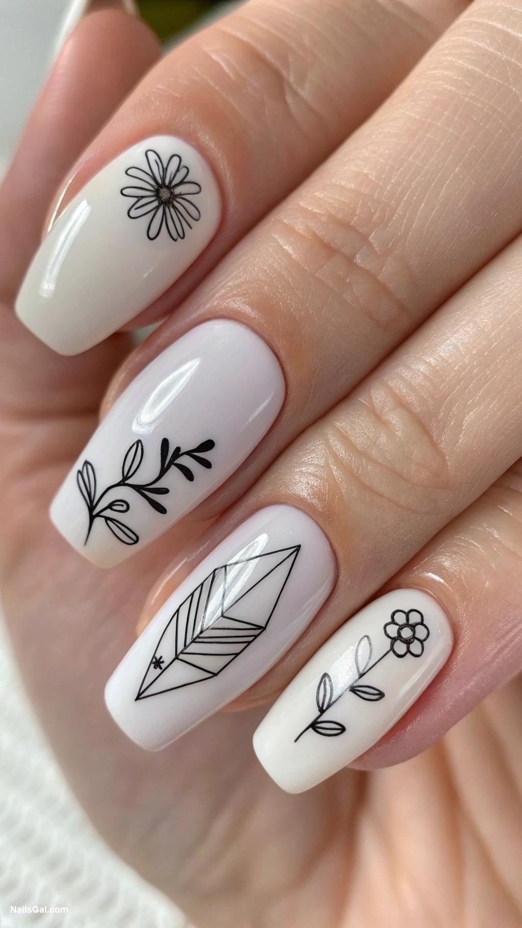 milky nails Minimalist line art on each nail