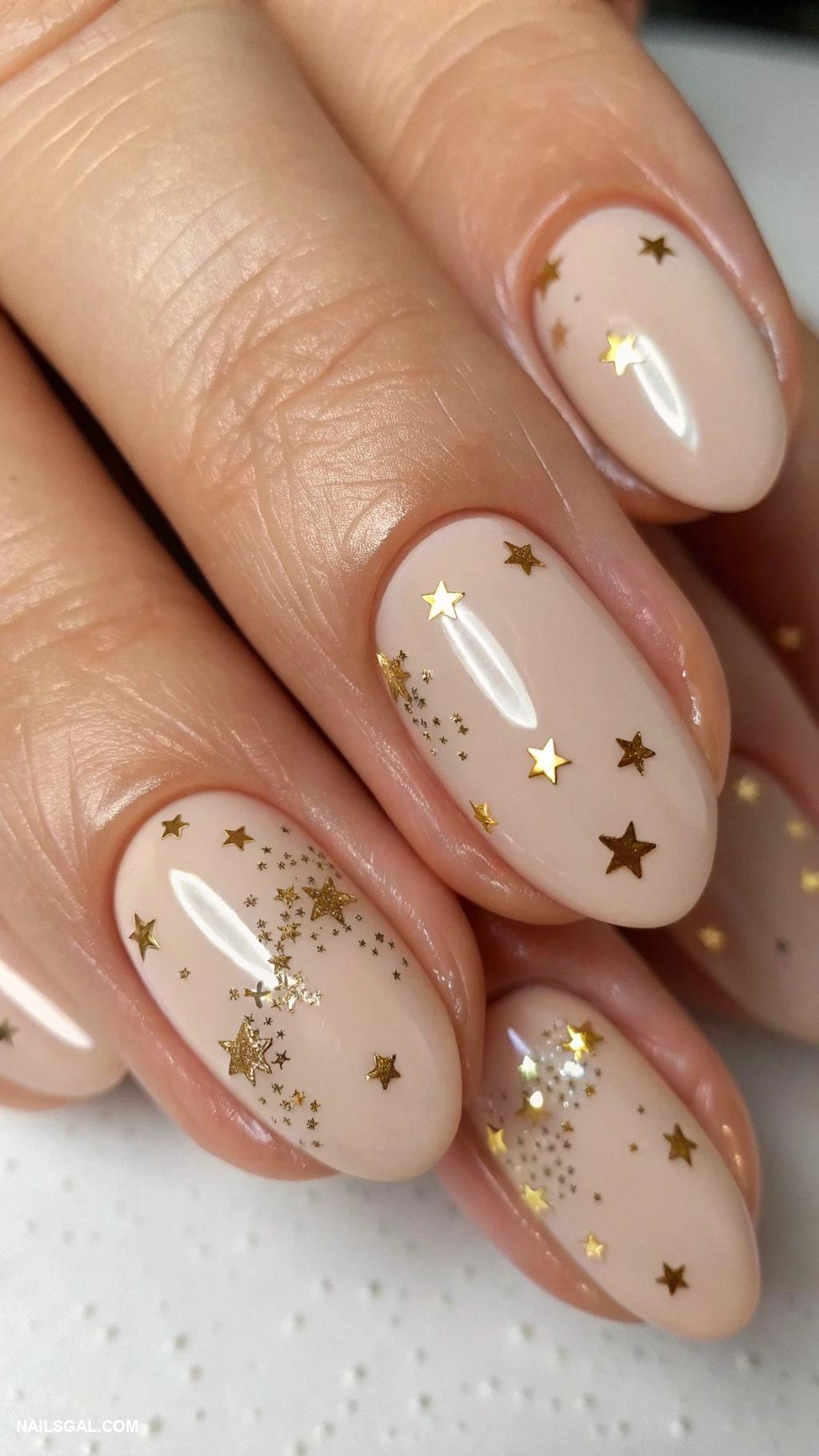 minimalist nails Tiny stars in gold on nude base