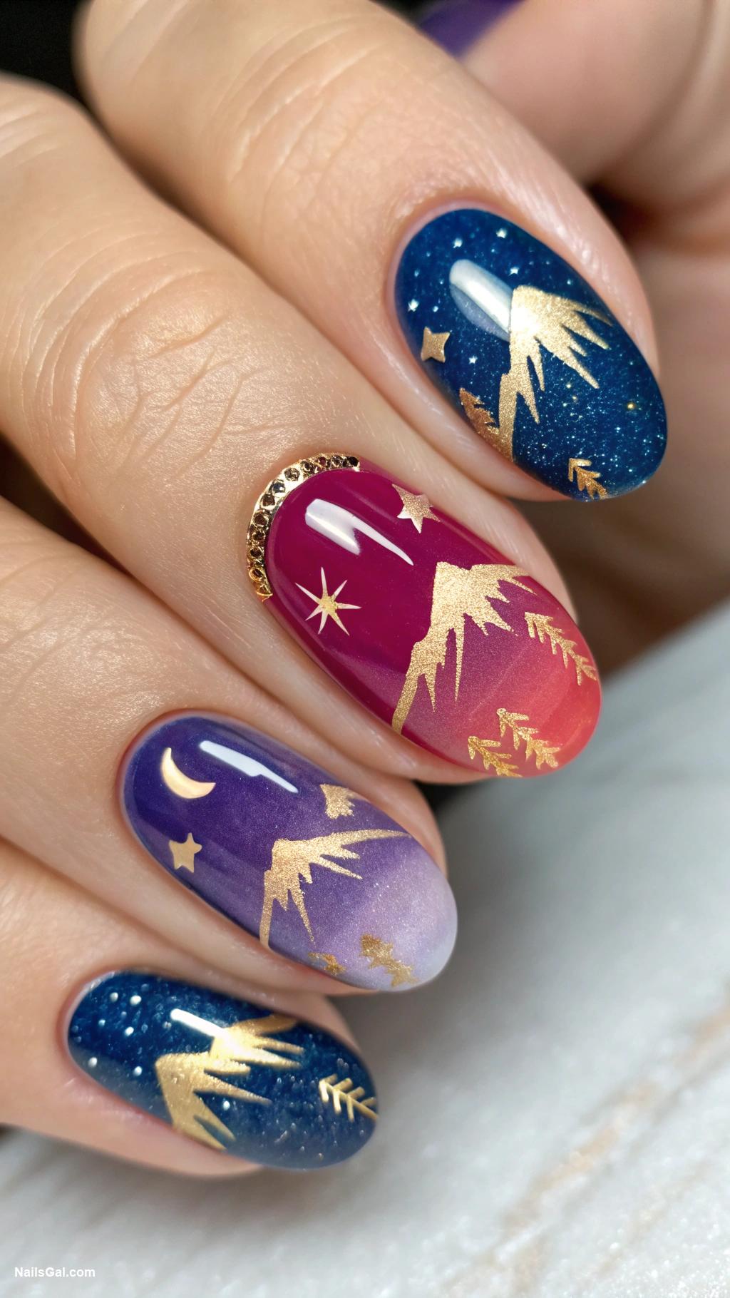 mountain nails Colorful abstract mountains with gold accents