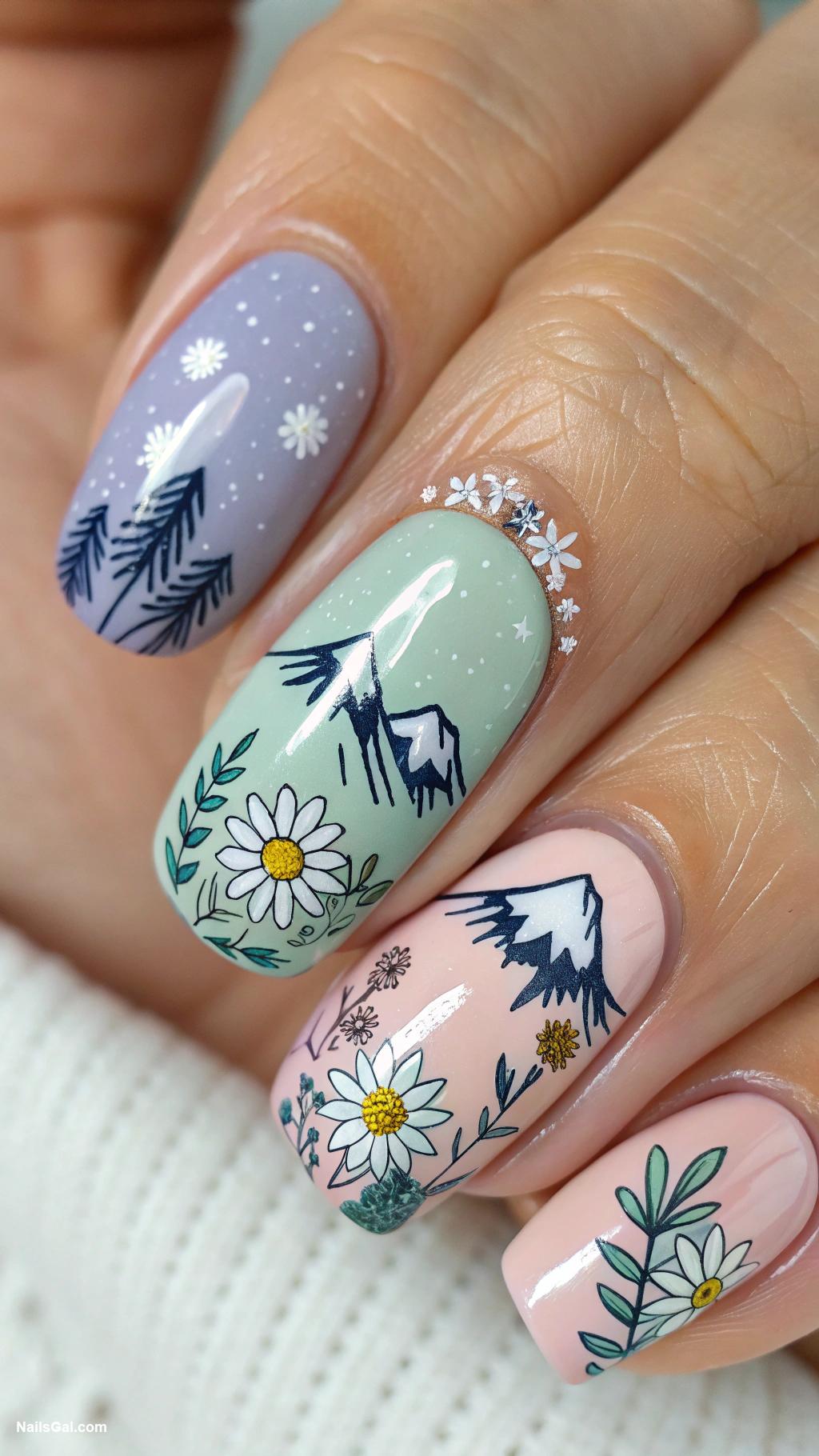 mountain nails Floral patterns with mountain base