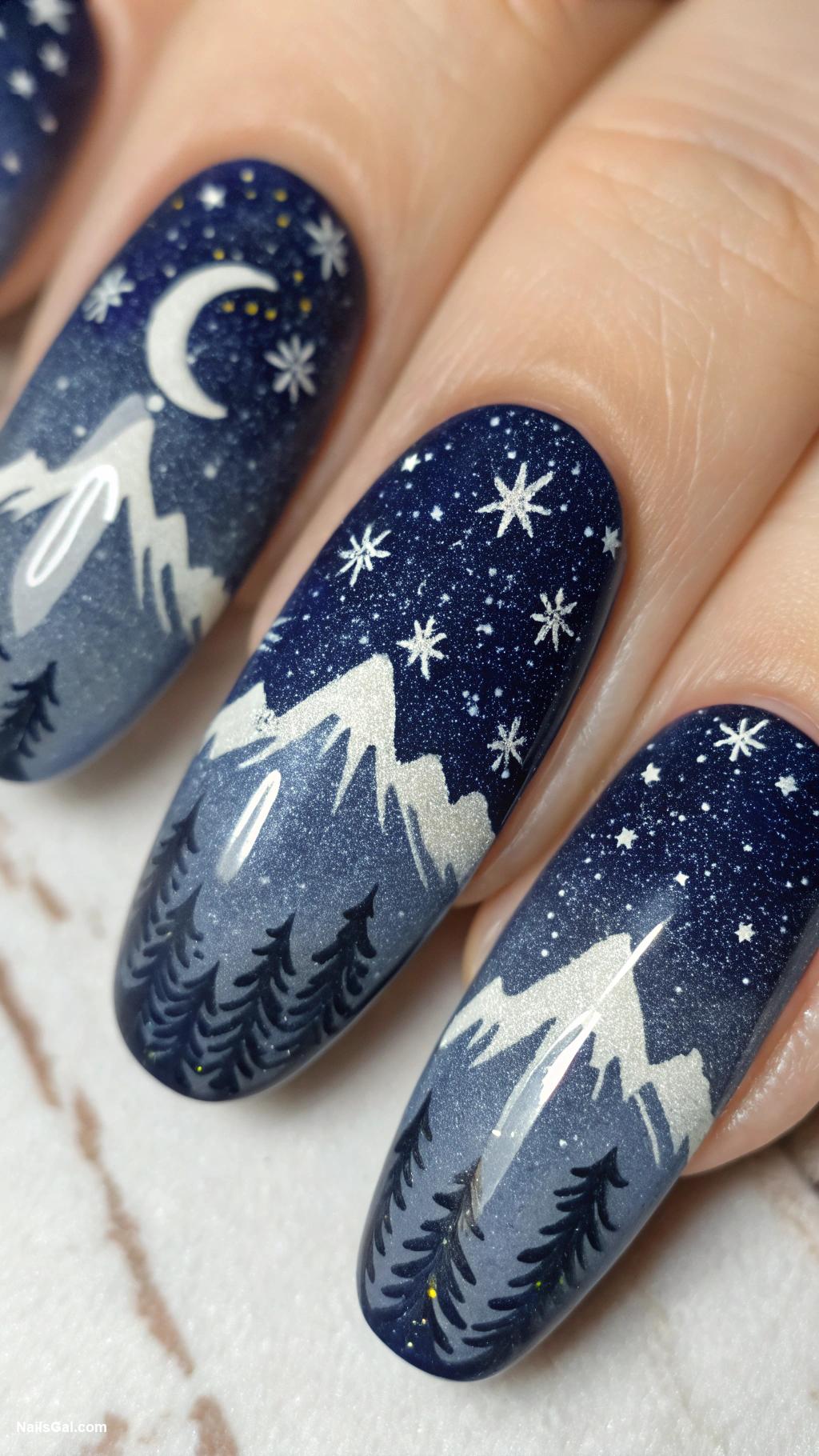 mountain nails Moonlit mountains with starry backgrounds