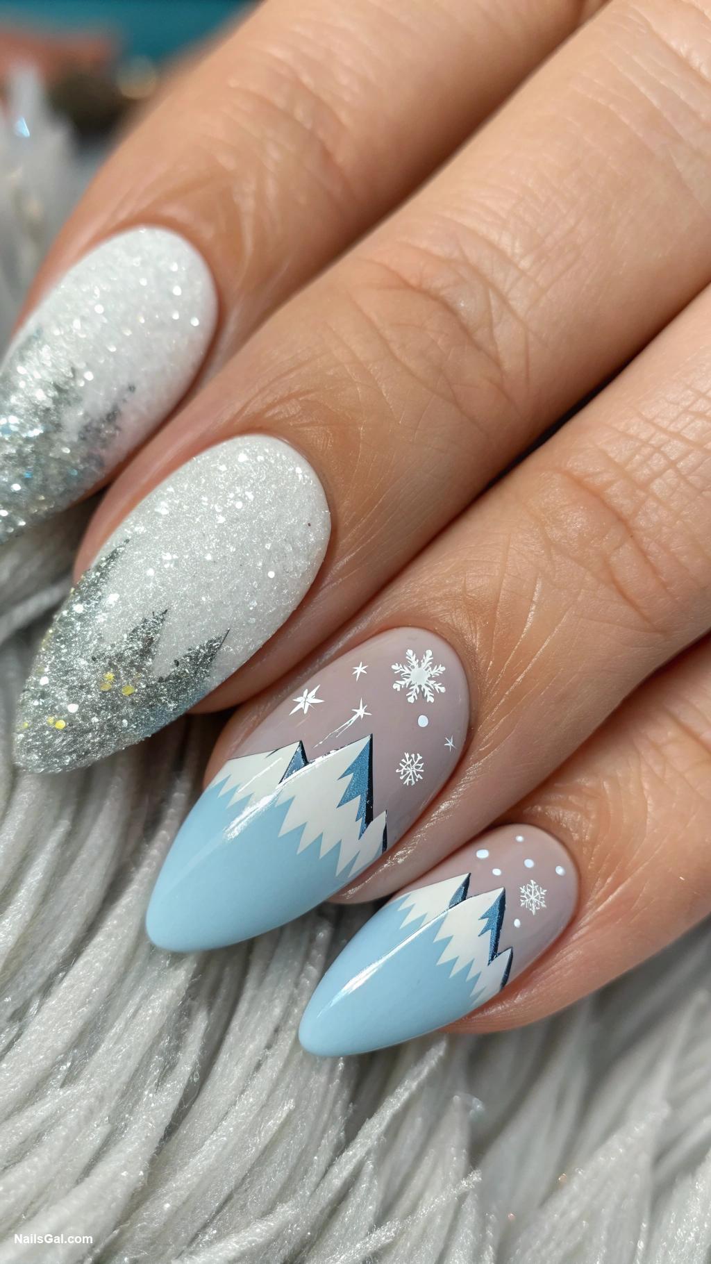 mountain nails Snowy peak with glittery white tips