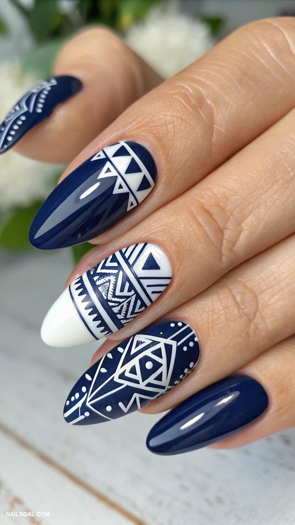 navy blue nails Geometric patterns in navy and white