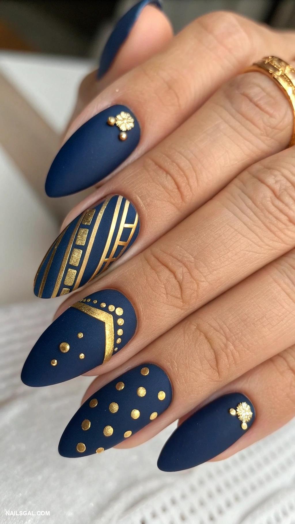 navy blue nails Matte navy blue with gold accents