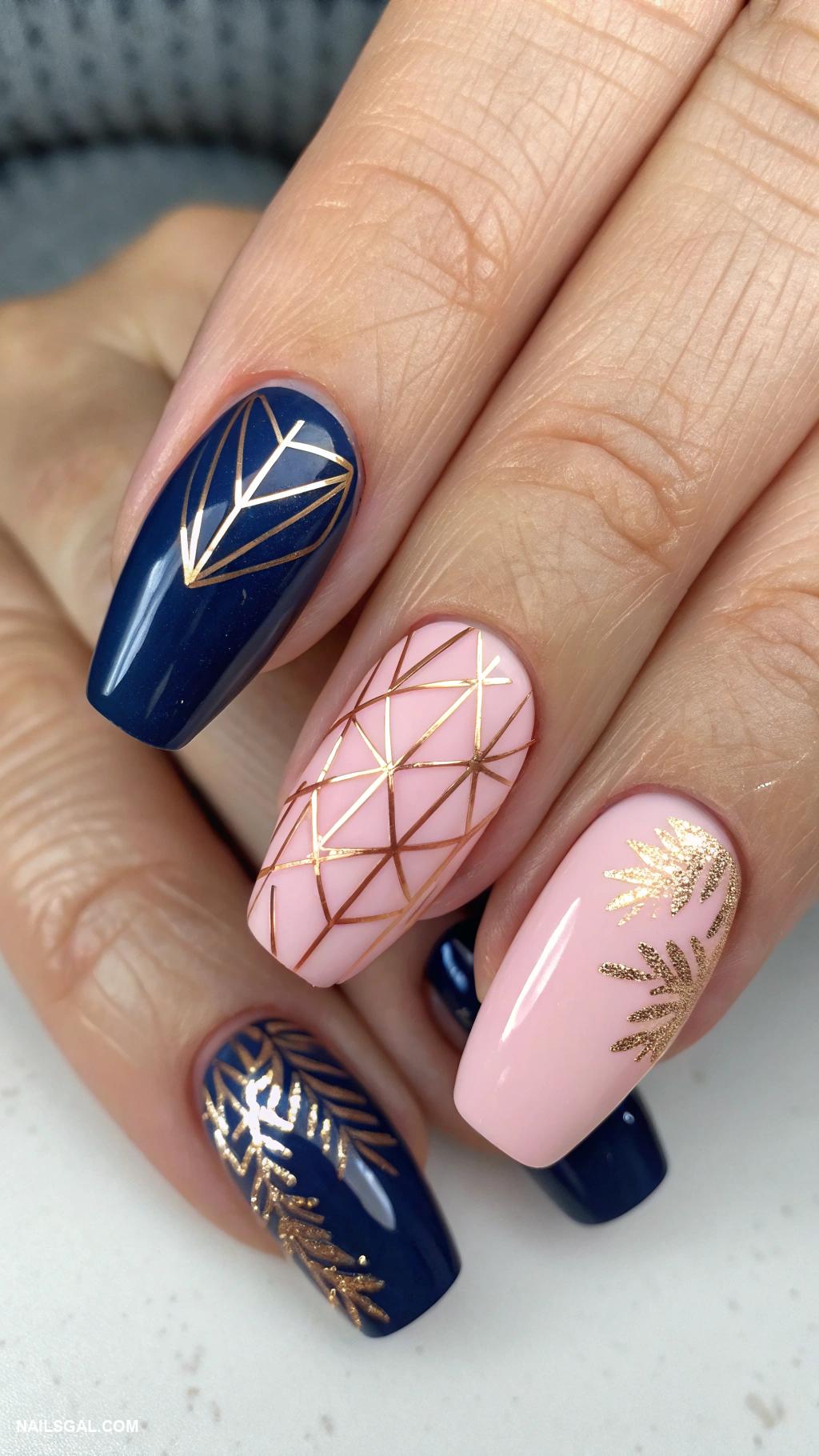 navy blue nails Navy blue and blush pink combination