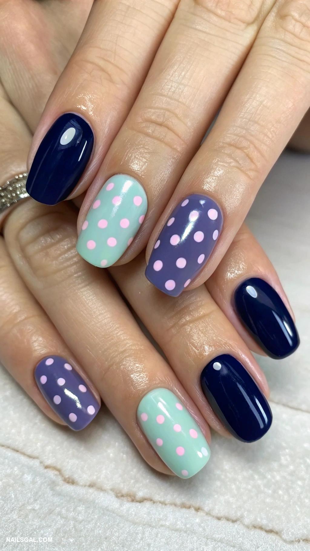 navy blue nails Navy blue with pastel polka dots