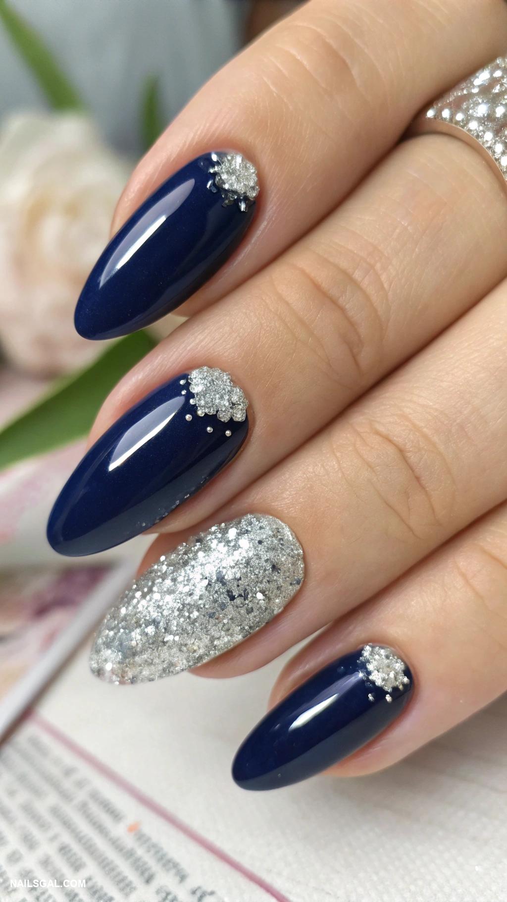 navy blue nails Navy blue with silver glitter tips