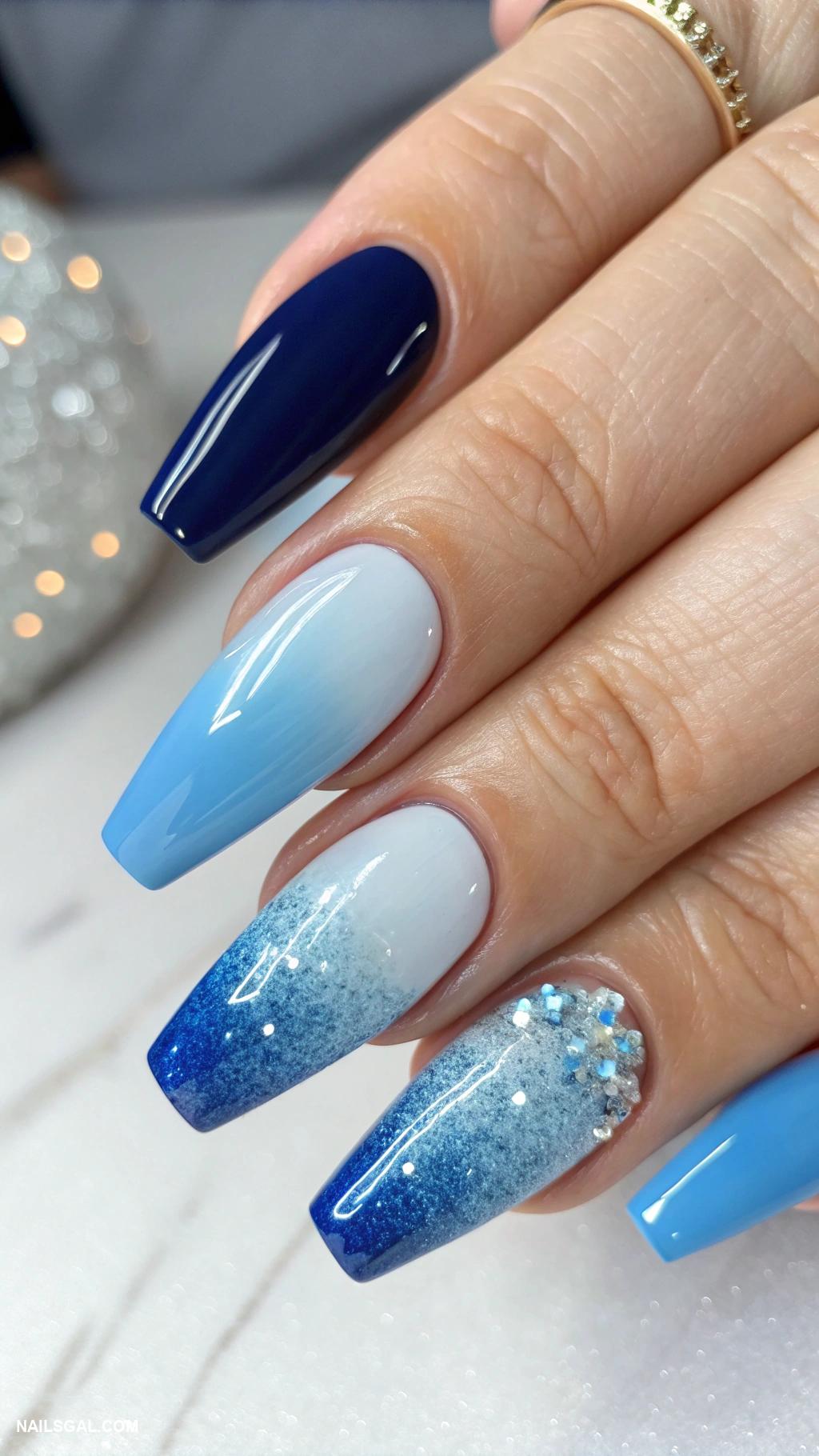 navy blue nails Ombre effect with navy and sky blue