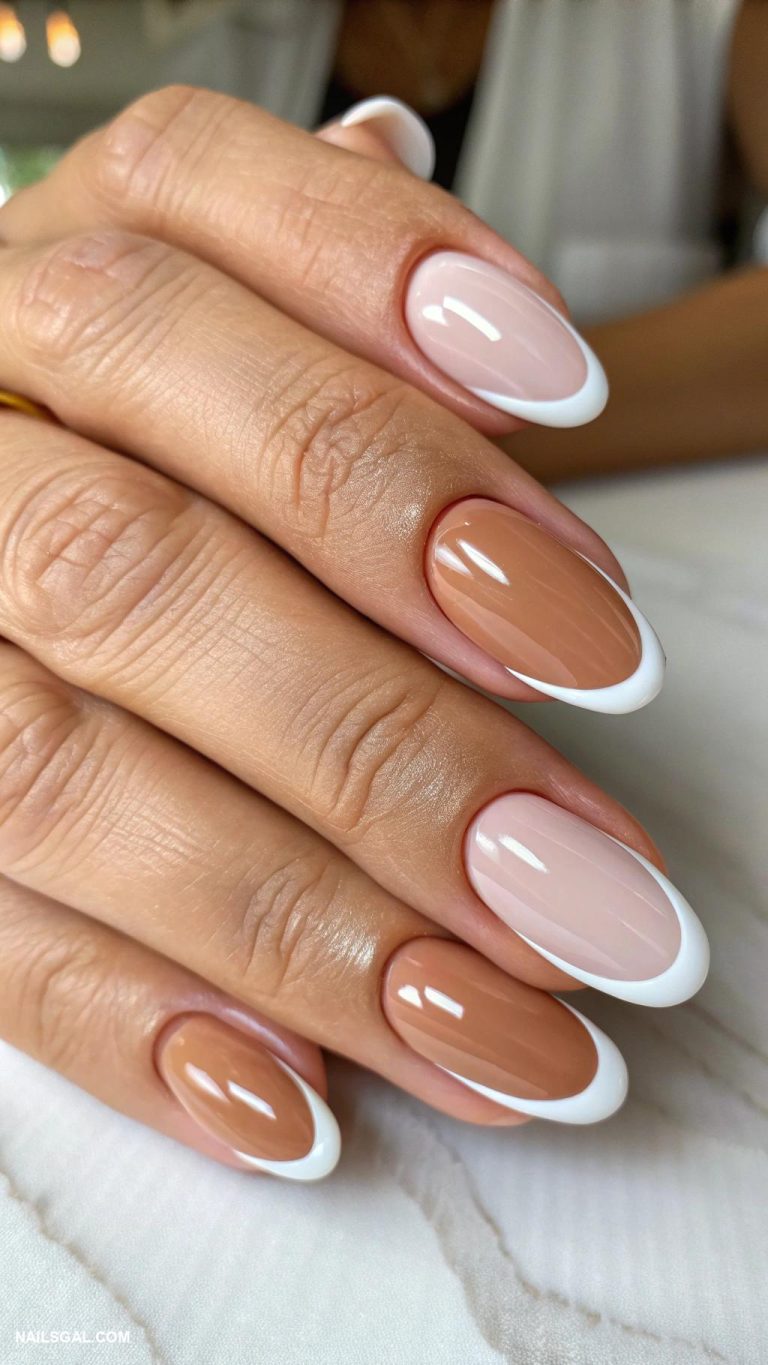 nude nails French tips in different nude shades