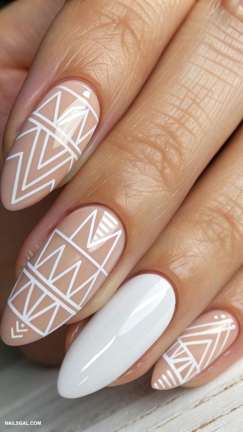 nude nails Nude and white geometric shapes
