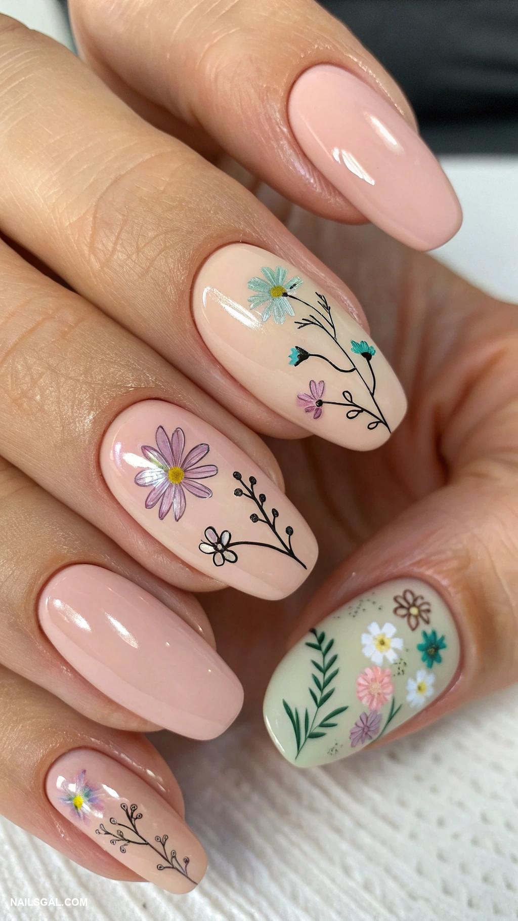 nude nails Nude base with delicate floral accents