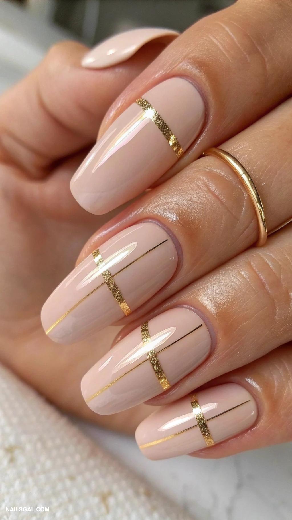 nude nails Nude nails with gold chrome stripes