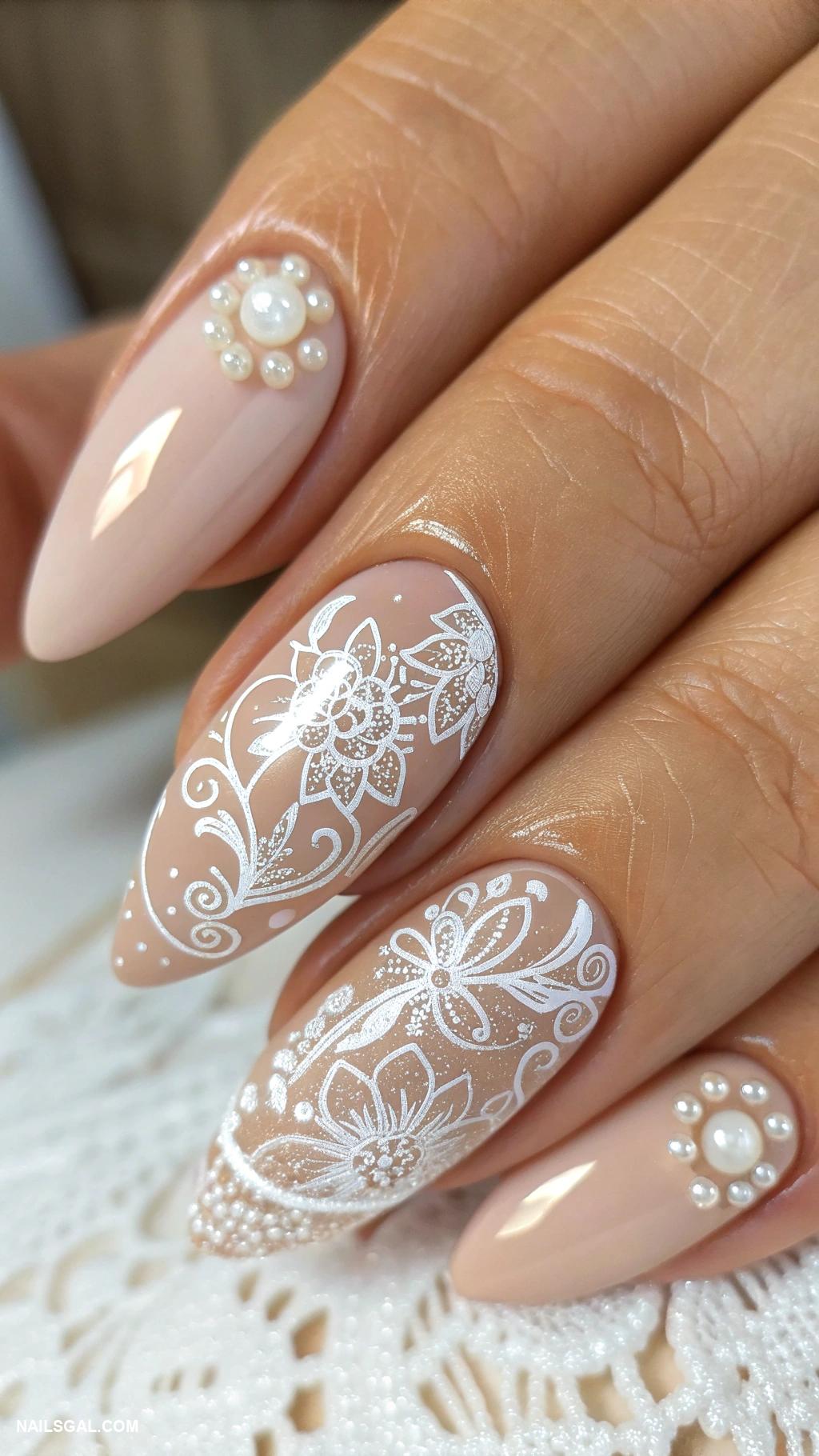 old money nails Nude with intricate lace details