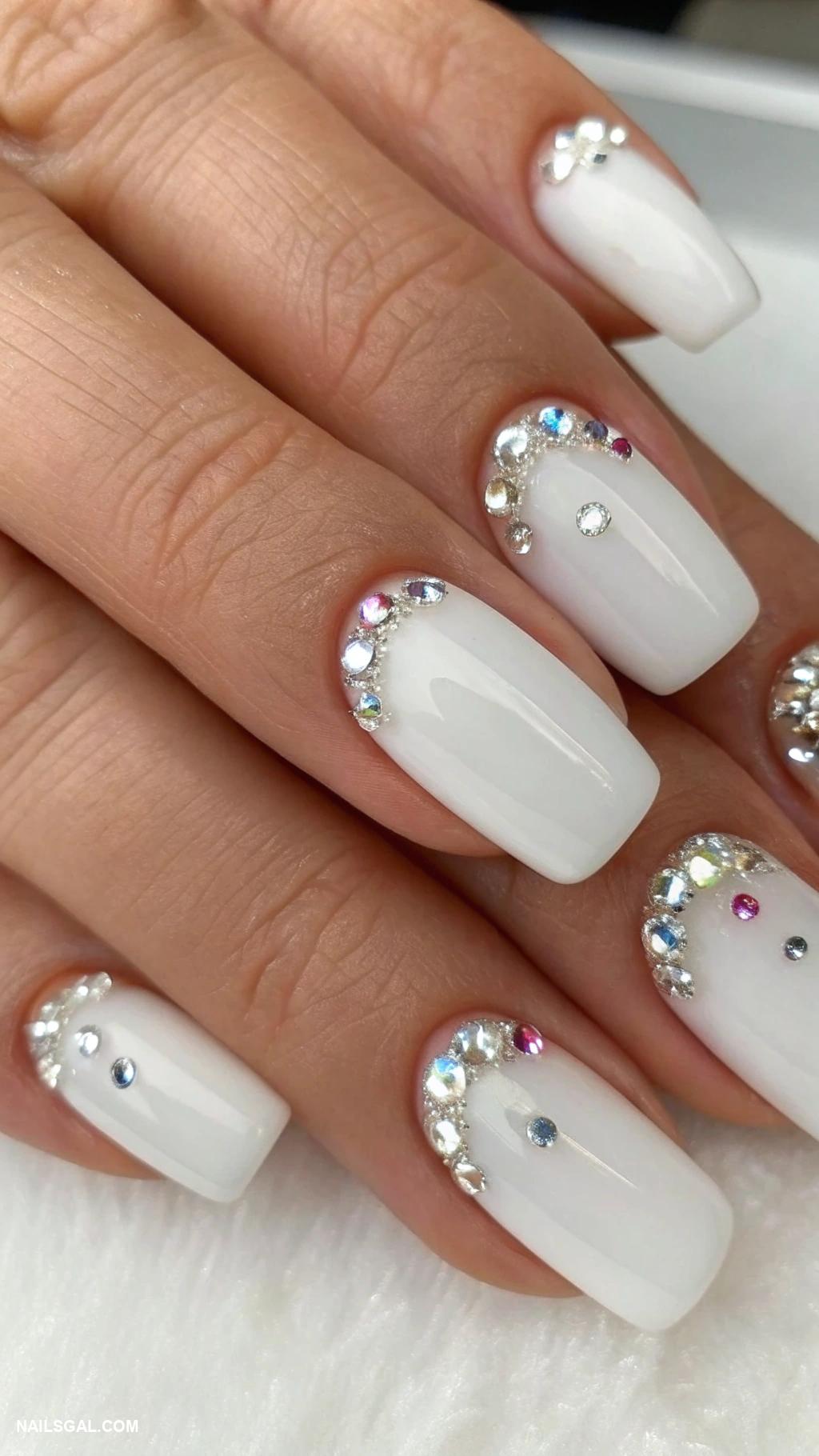 old money nails Simple white with tiny gems