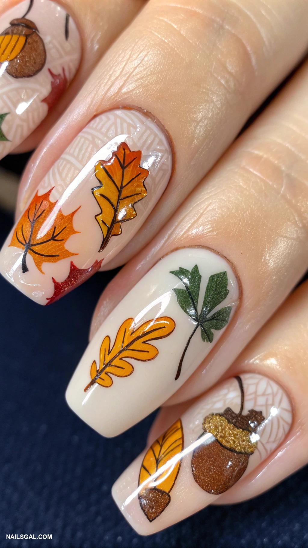 pilgrim nails Acorns and leaves on a dark backdrop
