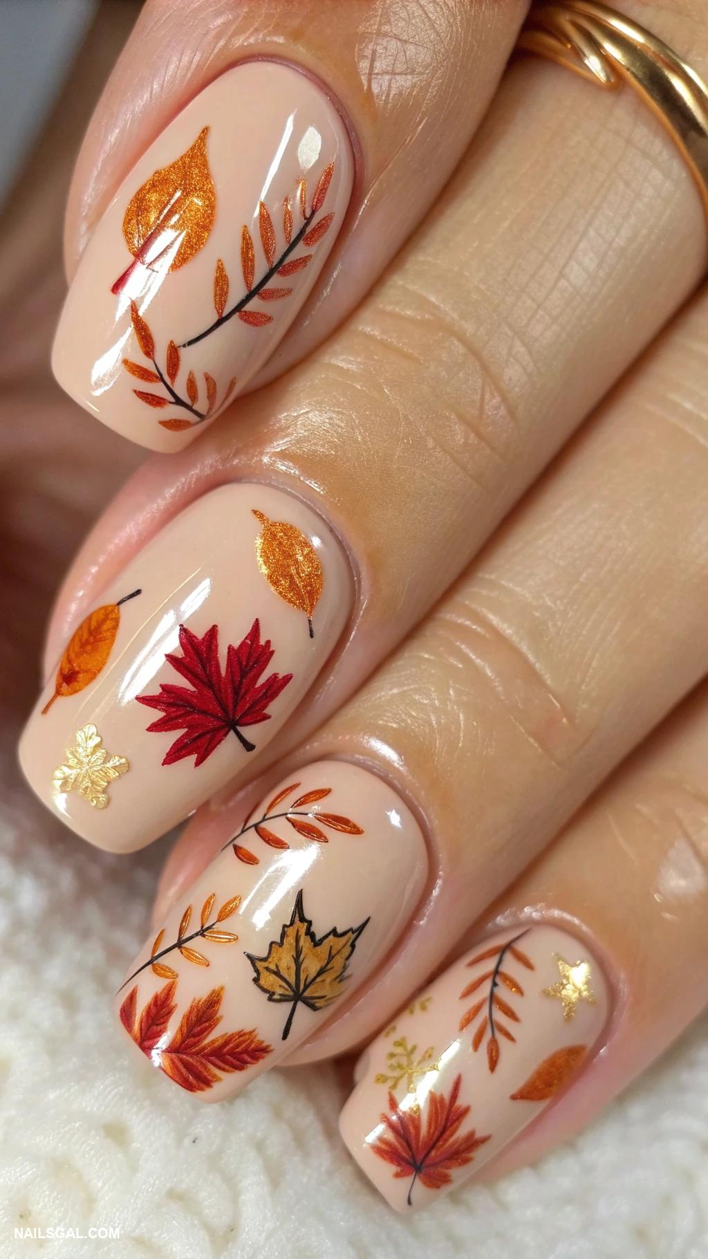 pilgrim nails Autumn leaves on a nude base