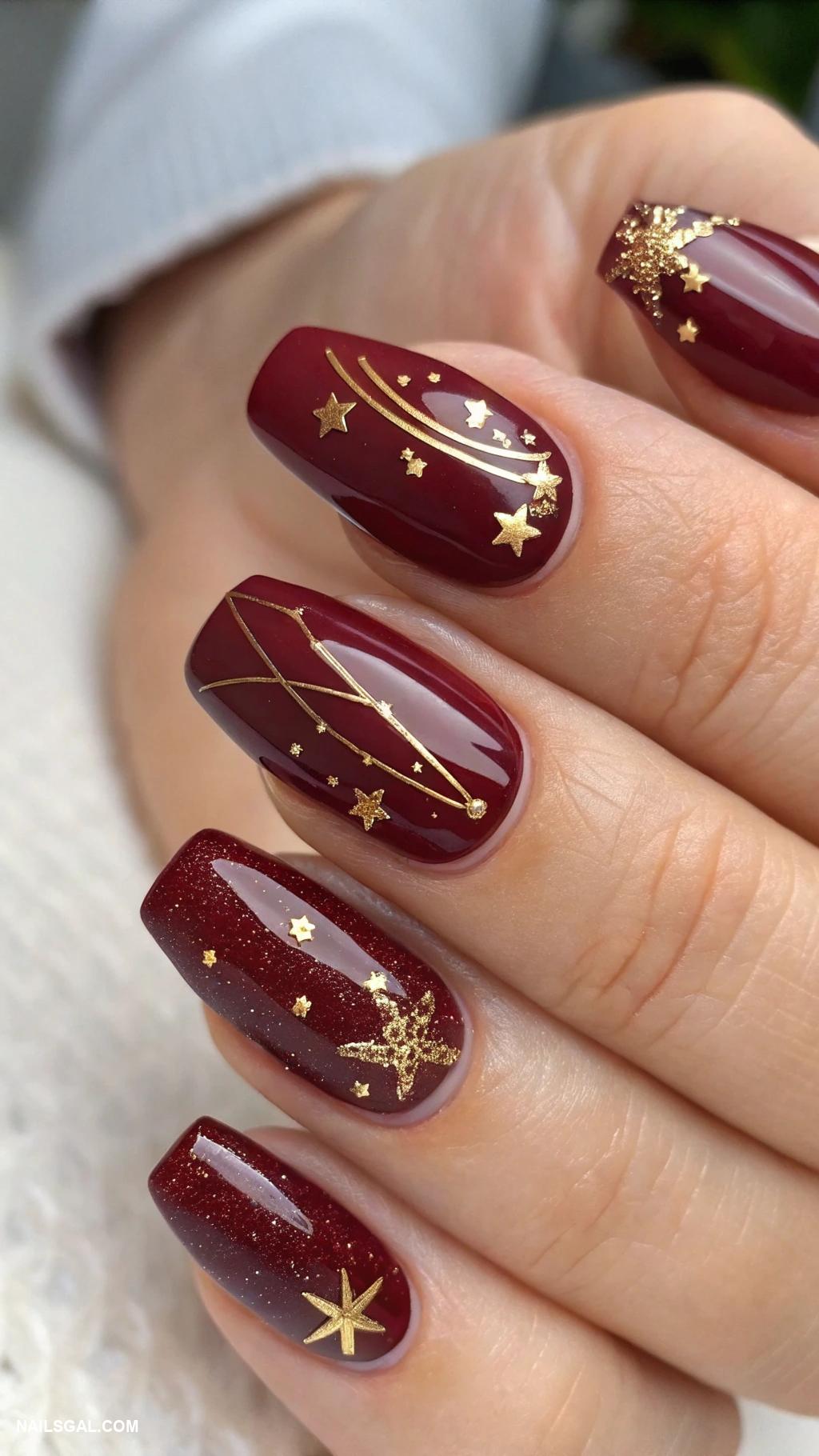 pilgrim nails Burgundy with small golden accents