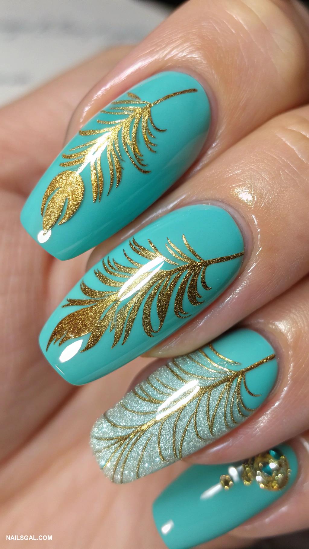pilgrim nails Turquoise and gold feather design