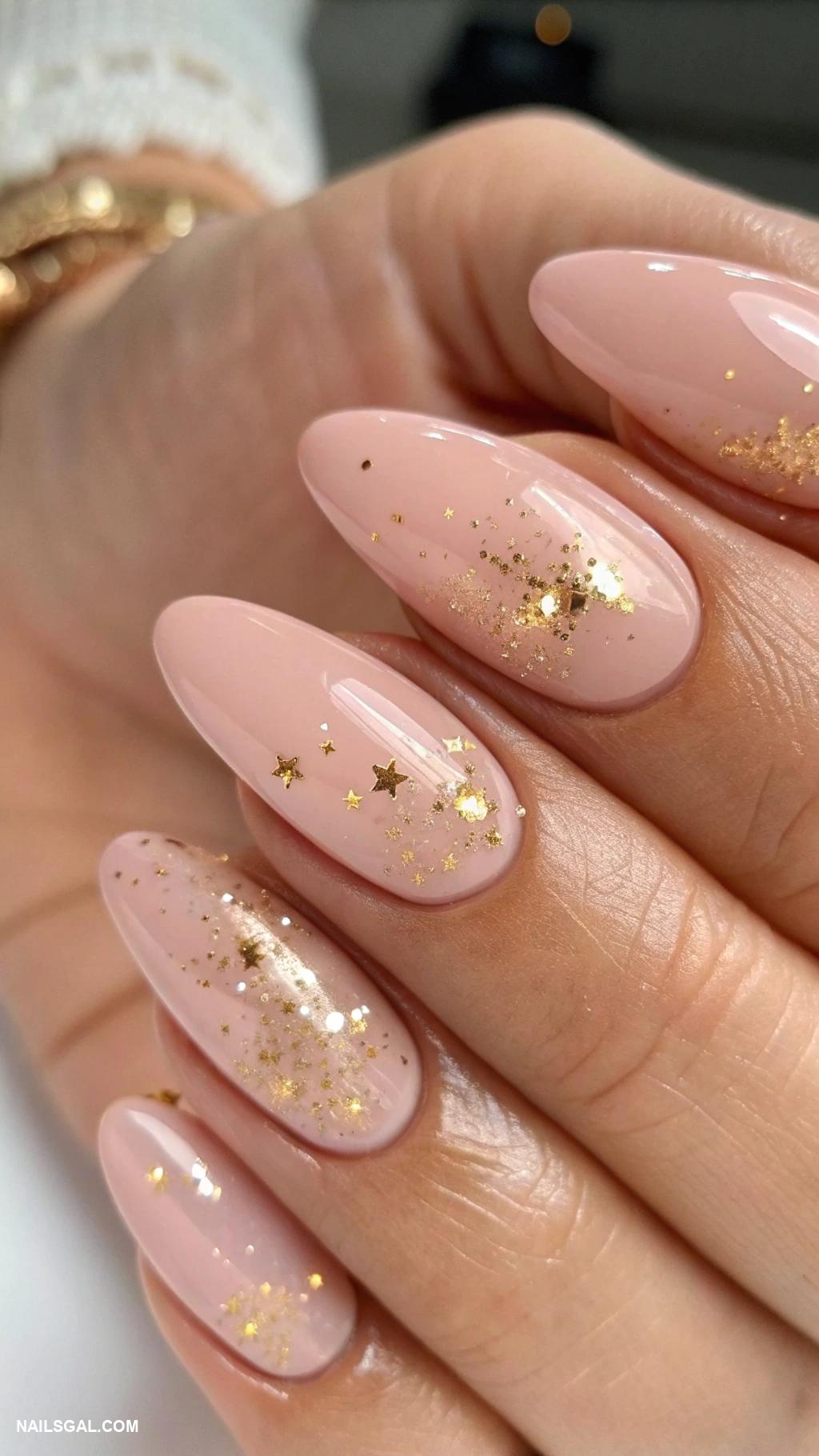 pink acrylic nails almond simple minimalistic Classy nude pink with gold flecks