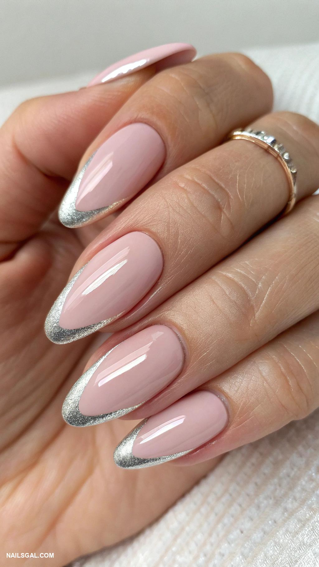 pink acrylic nails almond simple minimalistic Glossy pale pink with silver tips