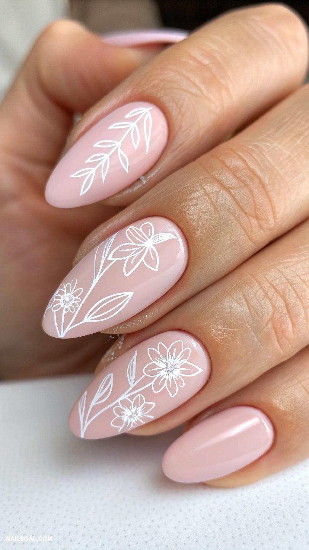 pink acrylic nails almond simple minimalistic Minimalist line art in white on pink