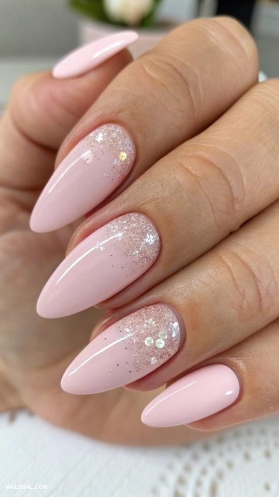 pink acrylic nails almond simple minimalistic Pastel pink with subtle glitter overlay