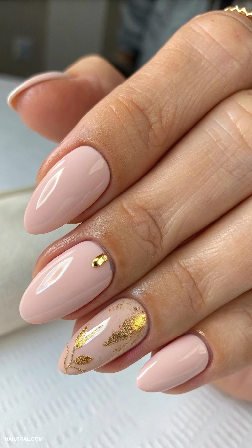 pink acrylic nails almond simple minimalistic Single gold accent nail on beige pink