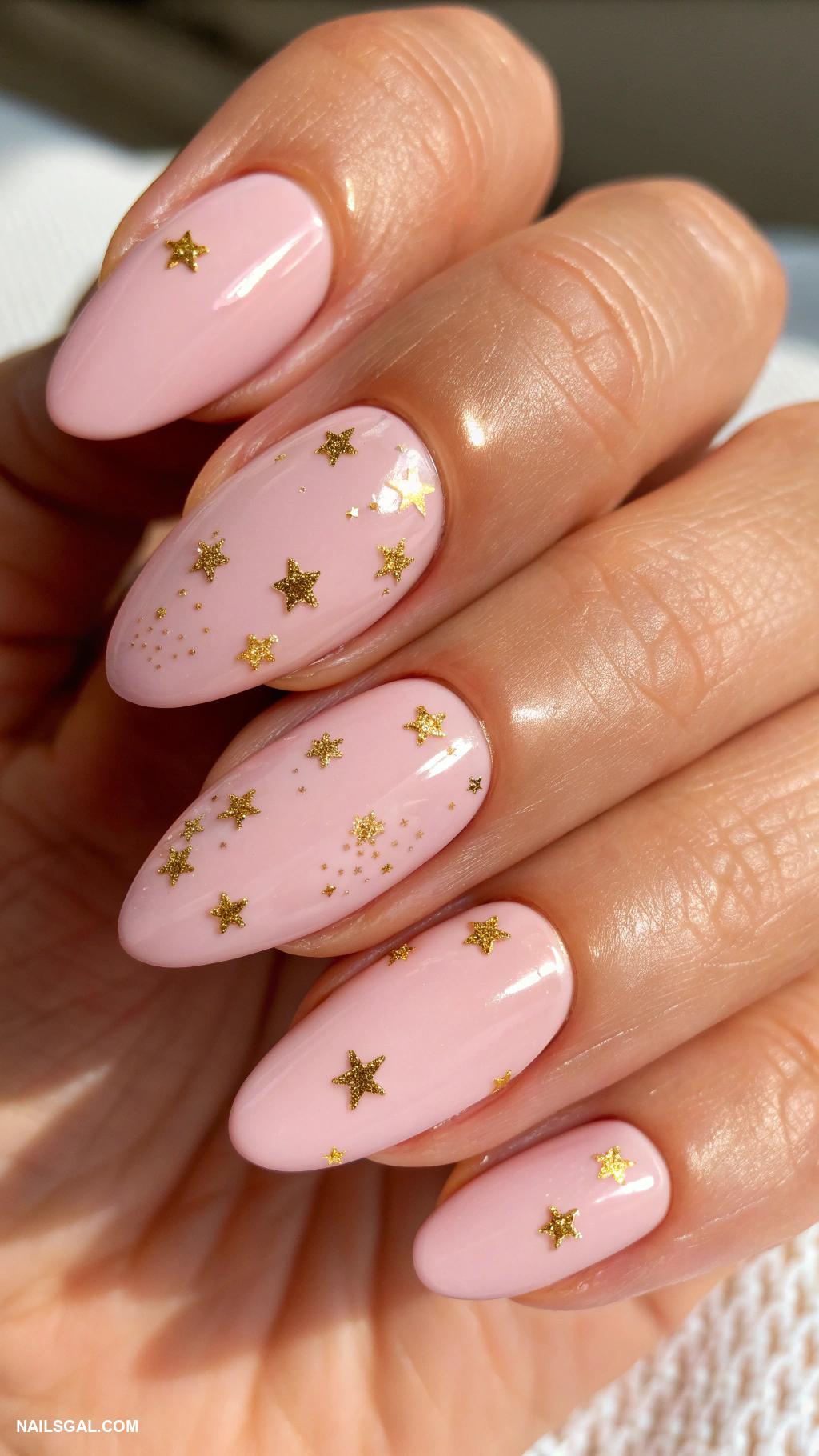 pink acrylic nails almond simple minimalistic Soft pink with tiny gold stars