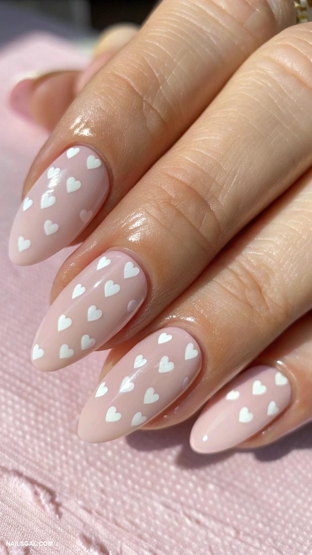 pink acrylic nails almond simple minimalistic Tiny white hearts on light pink base