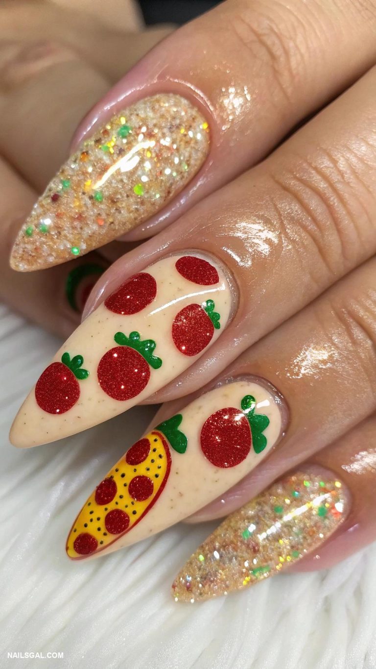 pizza nails Glittery pizza box nail art