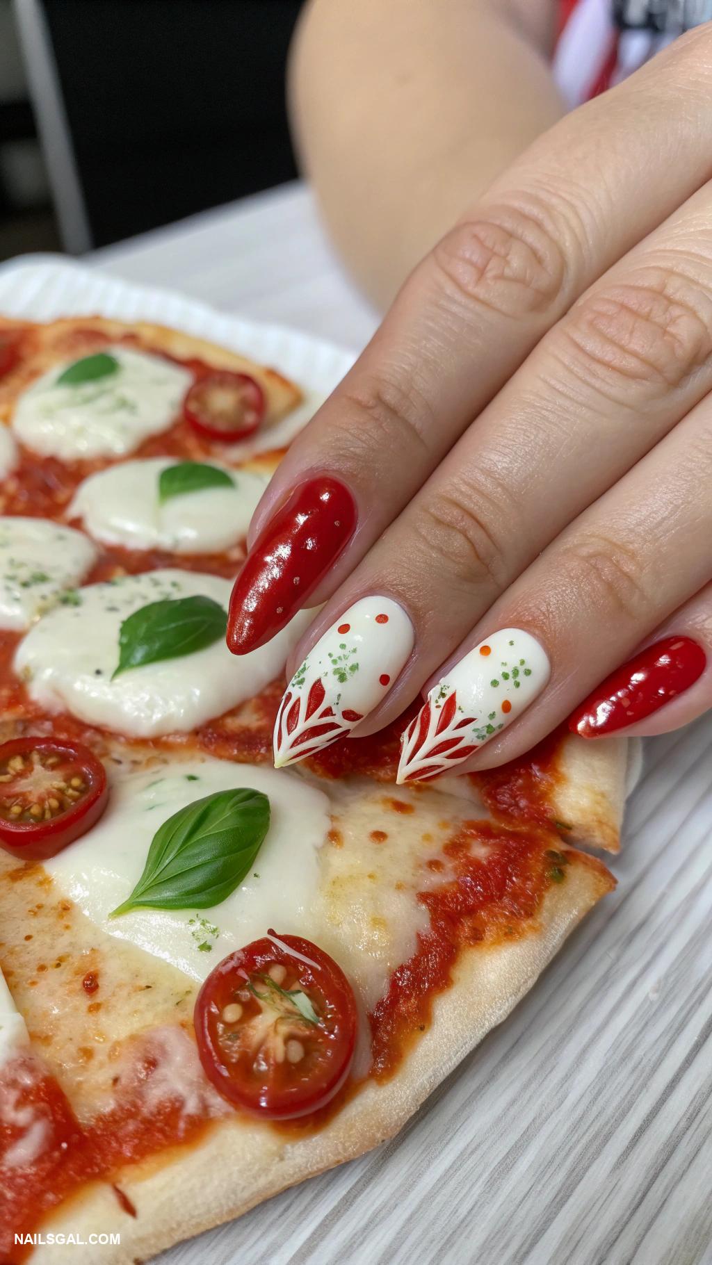 pizza nails Margherita design with green and red accents