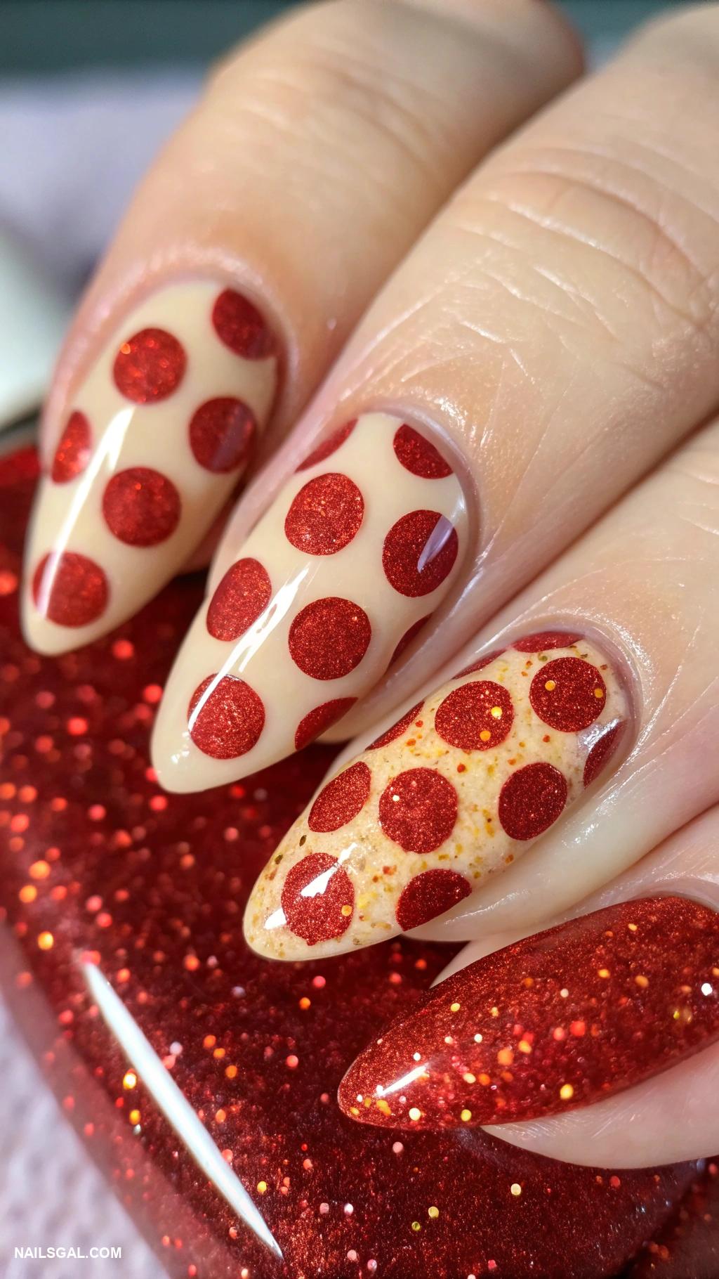 pizza nails Pepperoni spots with red glitter base