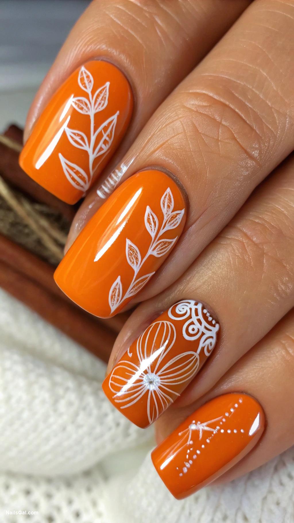 pumpkin pie nails Bright orange with cinnamon stick drawings