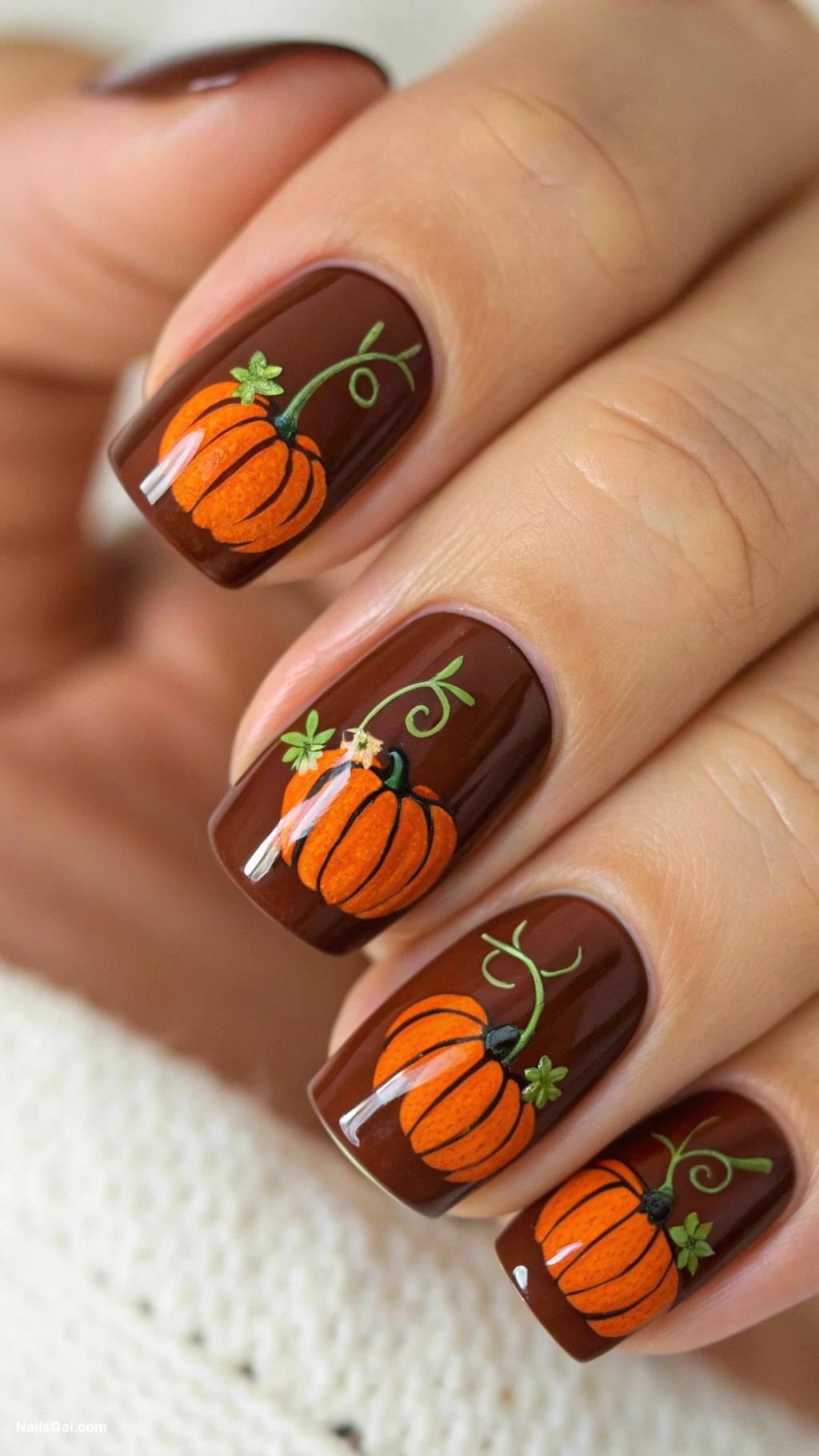 pumpkin pie nails Brown base with tiny pumpkin accents