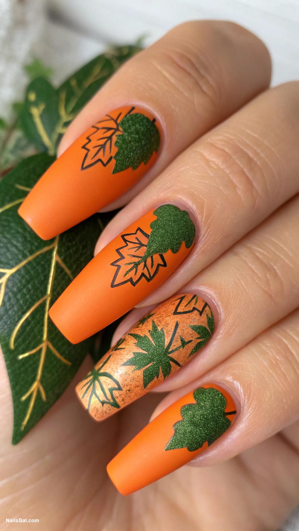pumpkin pie nails Matte pumpkin orange with glossy leaves