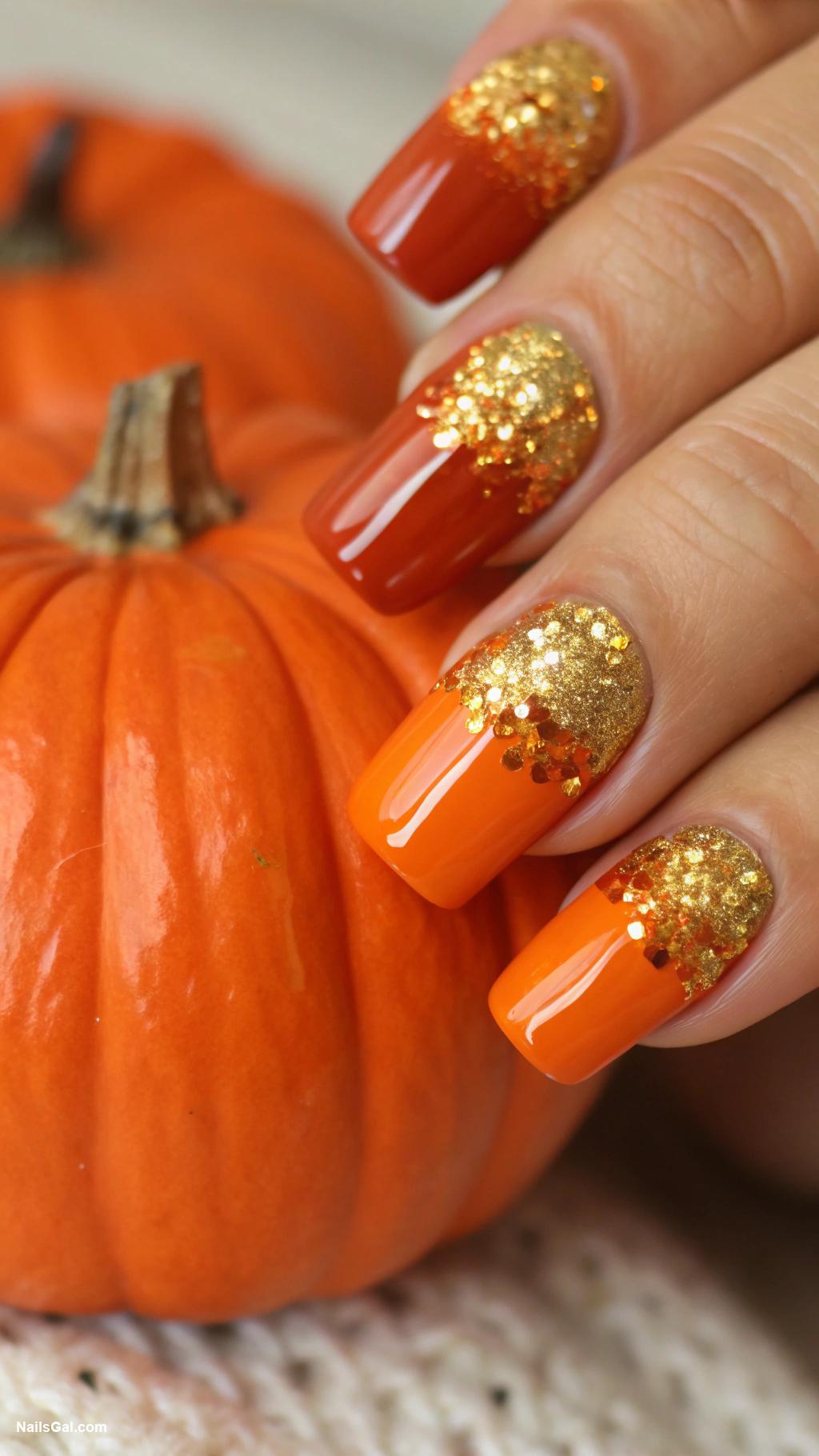 pumpkin pie nails Pumpkin orange base with gold glitter tips
